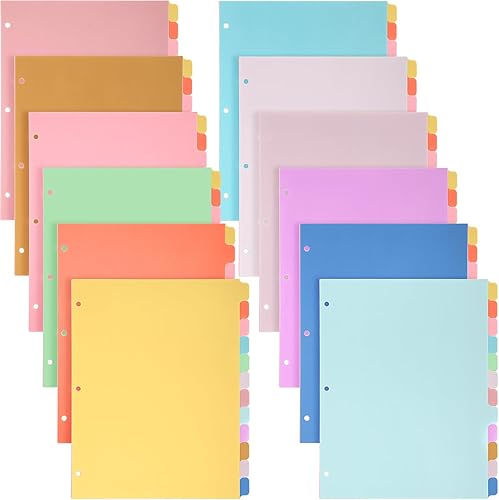 12 juegos de separadores de carpeta, multicolor, 12 separadores de pestañas para carpetas de 3 anillas, tamaño carta, separadores de cuaderno con