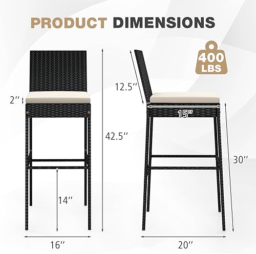 Miniatura 3 de RELAX4LIFE Juego de 4 taburetes de bar para exteriores, taburetes de mimbre para patio, sillas altas con respaldo, reposapiés, cojines de asiento y