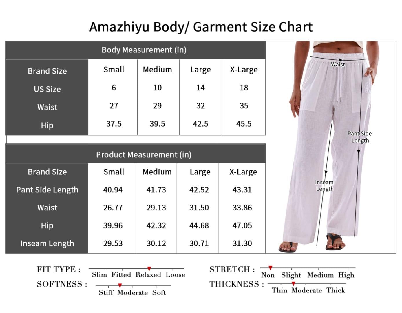 Amazhiyu Pantaloni da donna in 100% lino, gamba larga, elastici, con spacco laterale e tasche