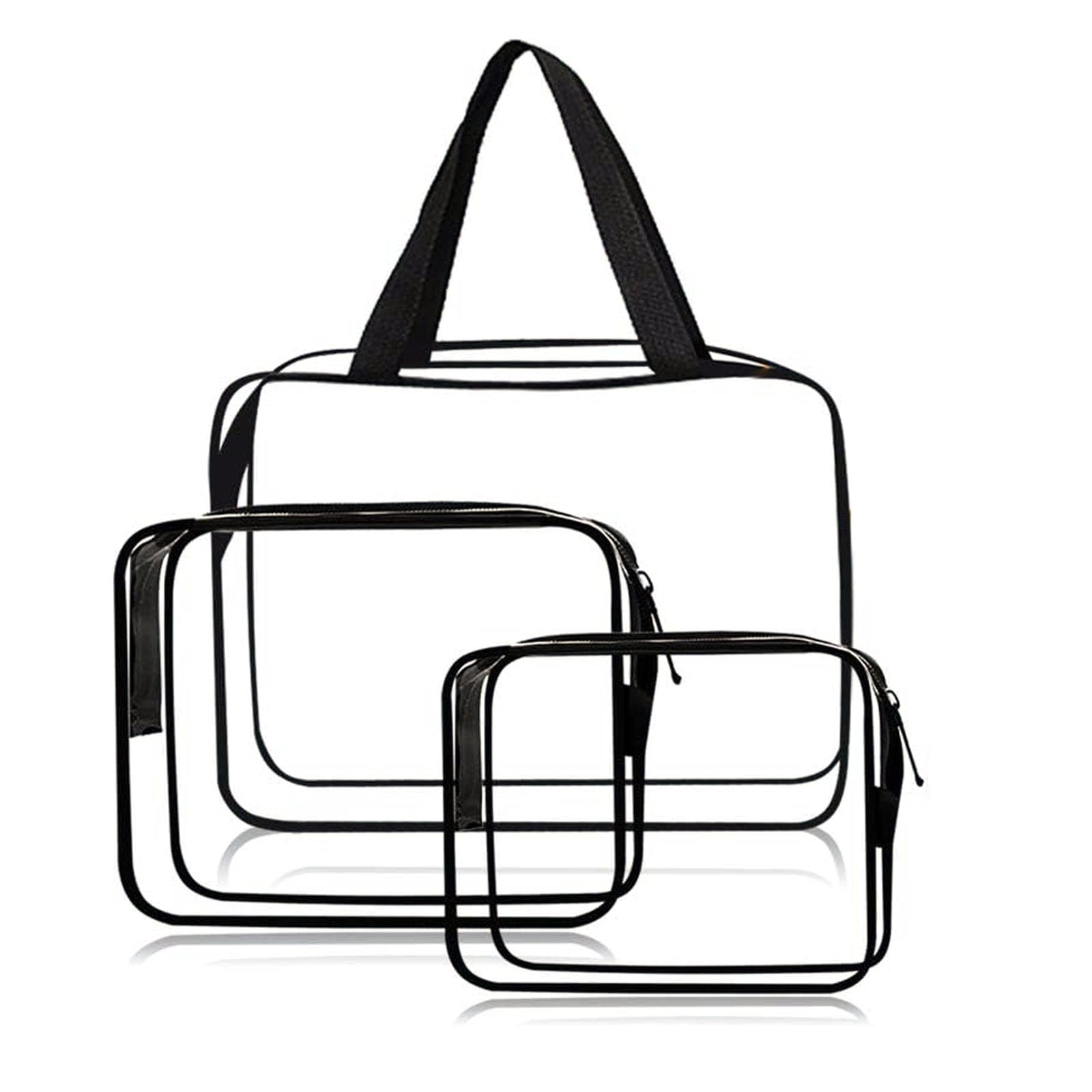 JeeSoarToFar 3-Piece Transparent Travel Cosmetic Bag Set with Zipper and Carry Handle | Waterproof Storage Pouch Diaper Pen Bag Set (Black)
