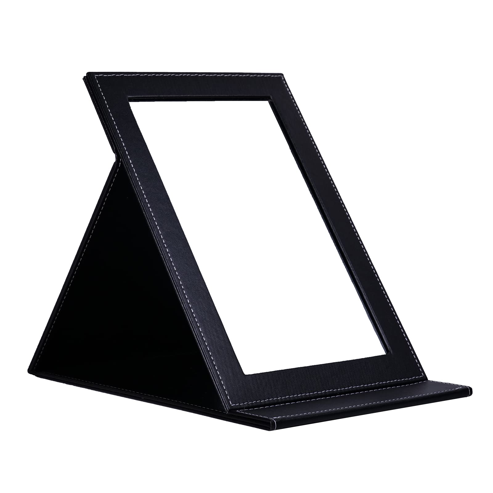 ISFORU Portable Folding Vanity Mirror, Extra Large PU Adjustable Rectangular Ultrathin Table Mirror with Stand, Makeup Mirror for Travel Bedroom Cosmetic Dresser (Black, Extra Large(30 * 20))