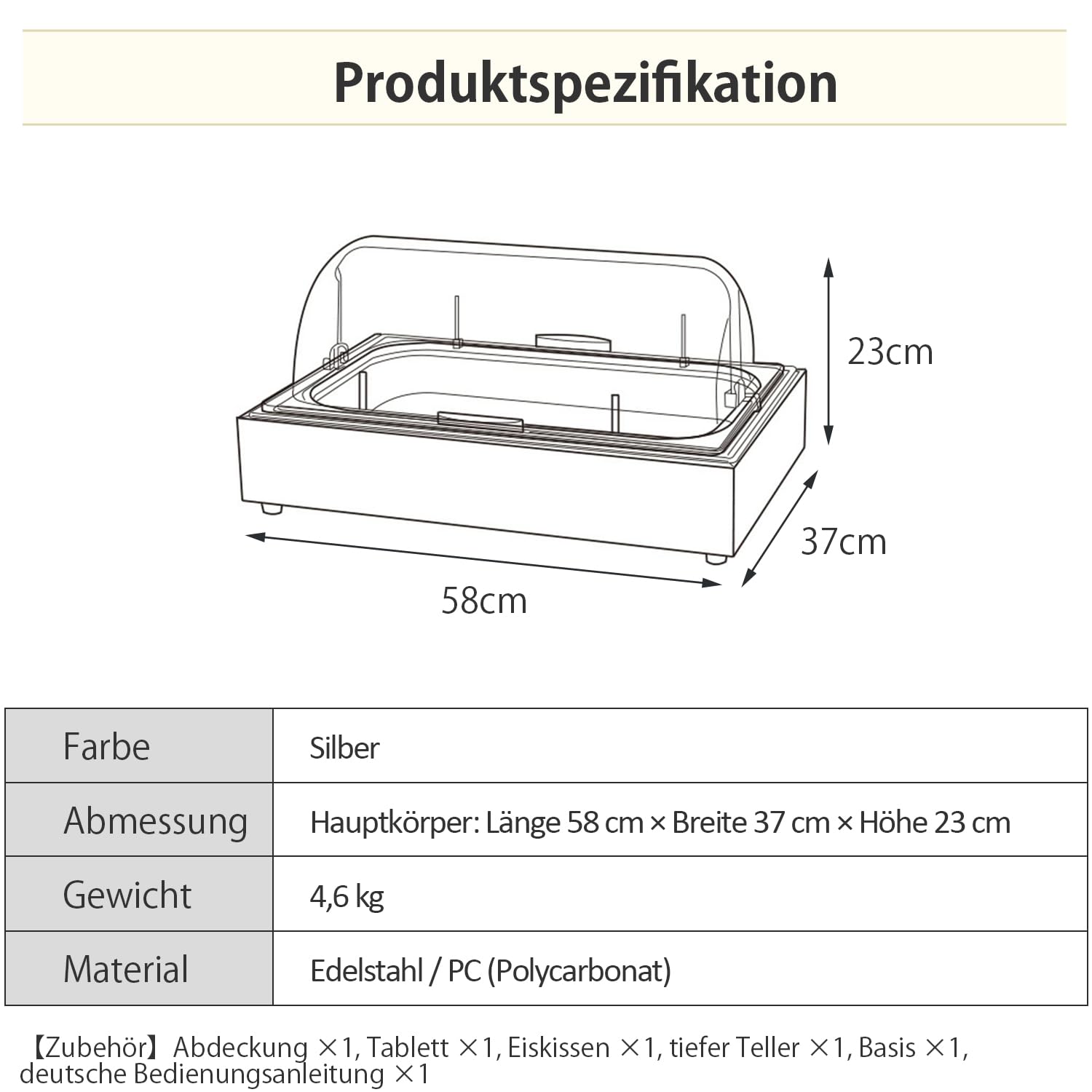 Kurflo Kühl Servierplatte | 58x37x23cm | GN 1/1 Kühlplatte mit Haube, System Kühlschale mit Kühlakku | Frischhalteplatte, Servierhaube mit 2 Kühlakkus | Edelstahl Catering Platte, Buffetvitrine