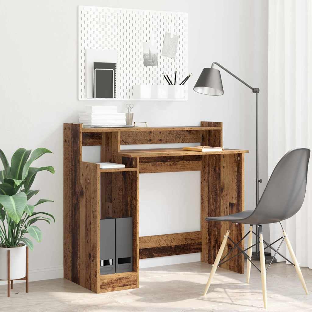 Scrivania con LED, effetto legno anticato, 97 x 45 x 90 cm, per home office, postazione di lavoro con alimentazione USB e 3 ripiani, per laptop e ordine