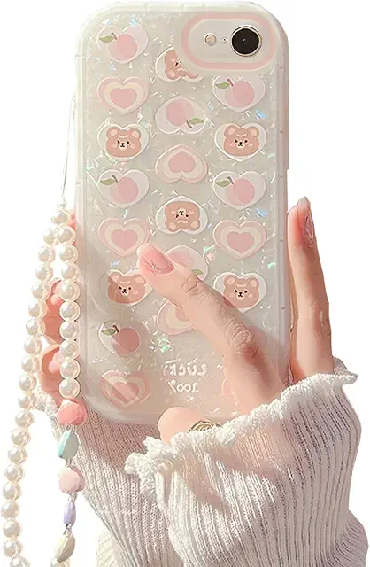 Cute Bear Love Heart iPhone SE Case with Pearl Chain - Protective & Stylish