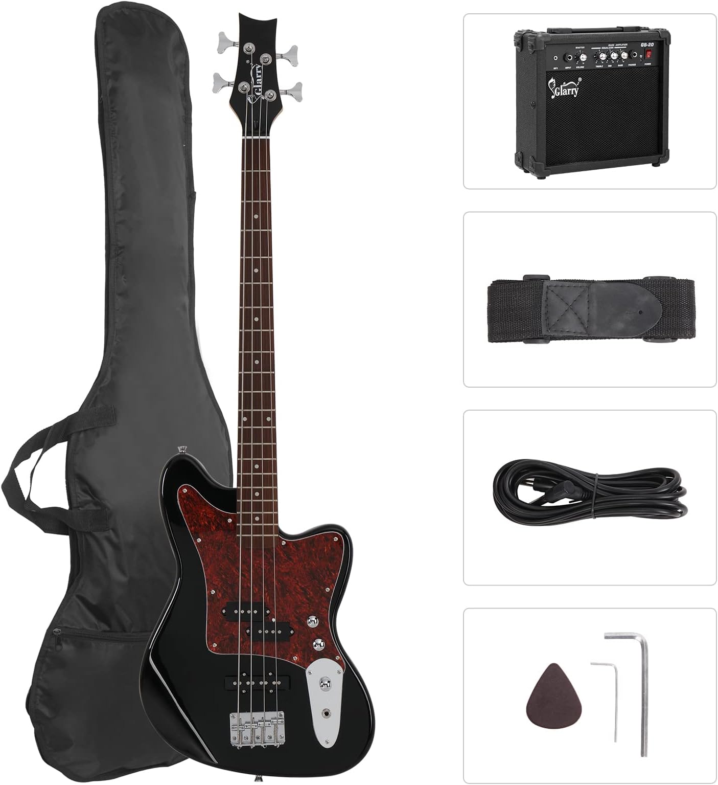 4 String Electric Bass Guitar Beginner Kit w/20w Amp, Red Pearl Guard Full Size Bass with Digital Tuner,Amp Cable, Strap, Bag and Accessories(Black)