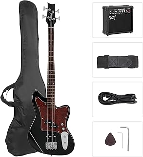 GLARRY 4 String Electric Bass Guitar Beginner Kit w/20w Amp, Red Pearl Guard Full Size Bass with Digital Tuner,Amp Cable, Strap, Bag and Accessories(Black)