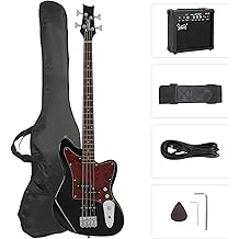 GLARRY 4 String Electric Bass Guitar Beginner Kit w/20w Amp, Red Pearl Guard Full Size Bass with Digital Tuner,Amp Cable, Strap, Bag and Accessories(Black)