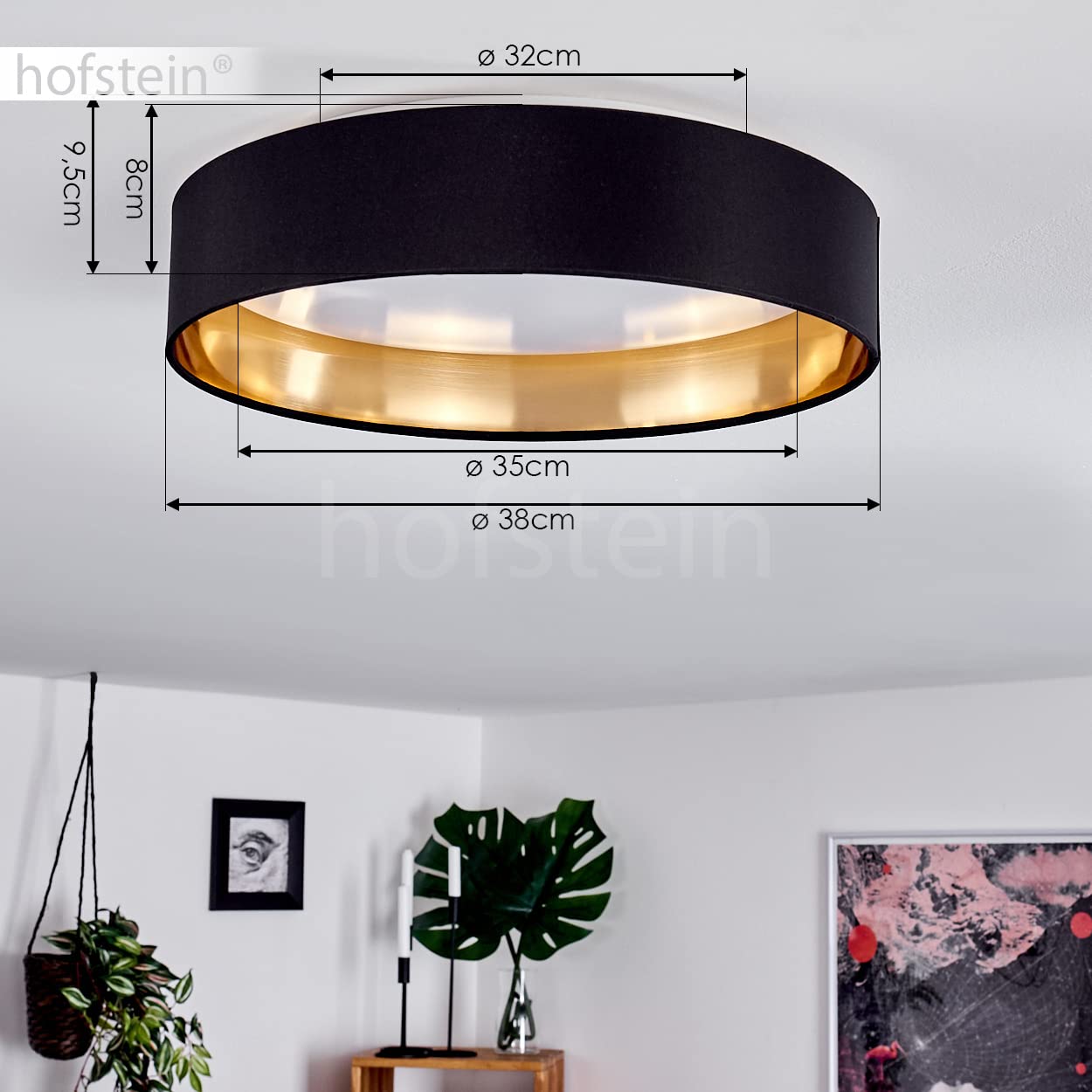 HOFSTEIN LED Deckenleuchte Elsa, moderne Deckenlampe aus Metall/Stoff/Kunststof in Schwarz/Goldfarben/Weiß, Leuchte mit Stoffschirm Ø 38 cm, 2100 Lumen, 3000 Kelvin, 24 Watt, Wohnzimmer, Schlafzimmer