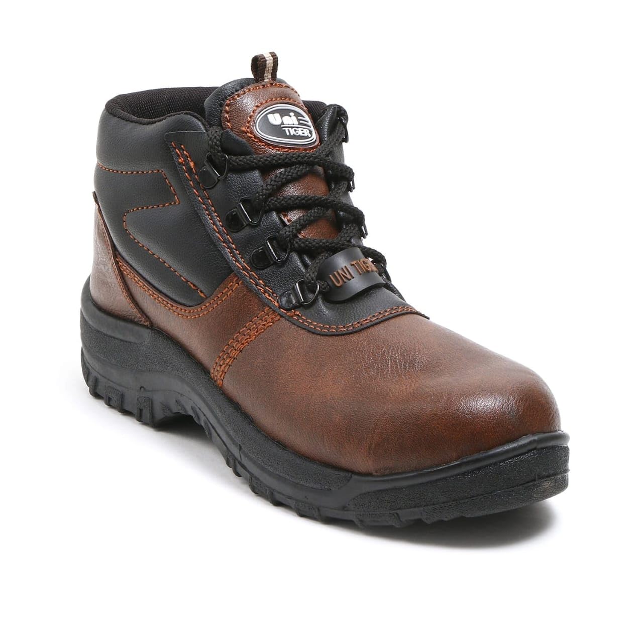 Tool Zone Jaguar High Ankle Brown Leather Safety Shoes for Men | Single Density with Steel Toe | Antistatic, Antislip, Oil & Heat Resistant | 1 Pair