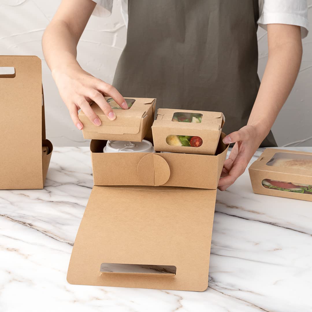 Restaurantware Bio Tek - Fiambreras de papel con asas, 100 recipientes desechables de papel kraft para alimentos, 21 x 10 x 20 cm, portavasos para utensilios de cocina, portadores de bebidas para