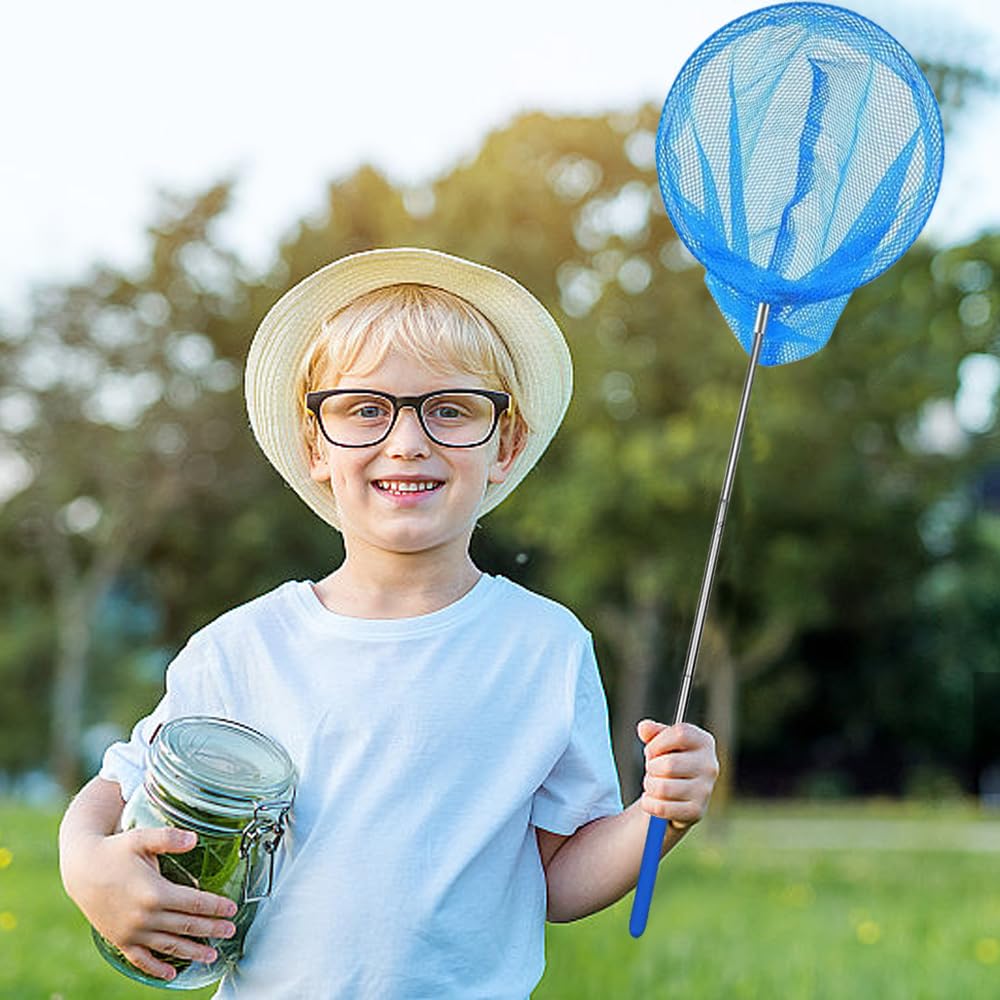 Teleskop Kinder Kescher, 4 Stück Schmetterlingsnetz with 4 Stück Faltbarer Eimer, Ausziehbar Schmetterlingsnetz für Fangen von Insekten kleinen Fischen Outdoor Strand Garten Aktivitäten