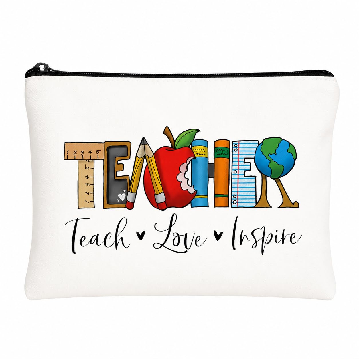 Bs amor Teacher Multipurpose Zipper Pouch | Teach Love Inspire Printed Cosmetic & Stationery Organizer | Makeup, Travel & Pencil Case Gift | 19x12.5cm-image-2