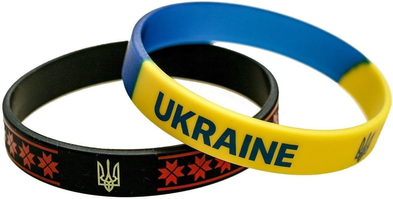 Patriotic Ukrainian souvenir : Set of 2 silicone bracelets wristbands with National Flag and Coat of Arms emblem, folk Art, great gift