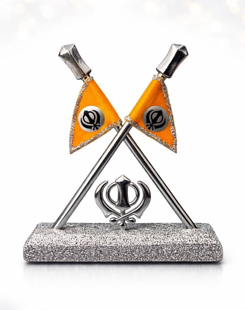BEXCO Nishan Sahib Flag with Khanda Symbol – 4 Inch Sikh Religious Tabletop & Car Dashboard Decor, Silver Finish Metal Statue