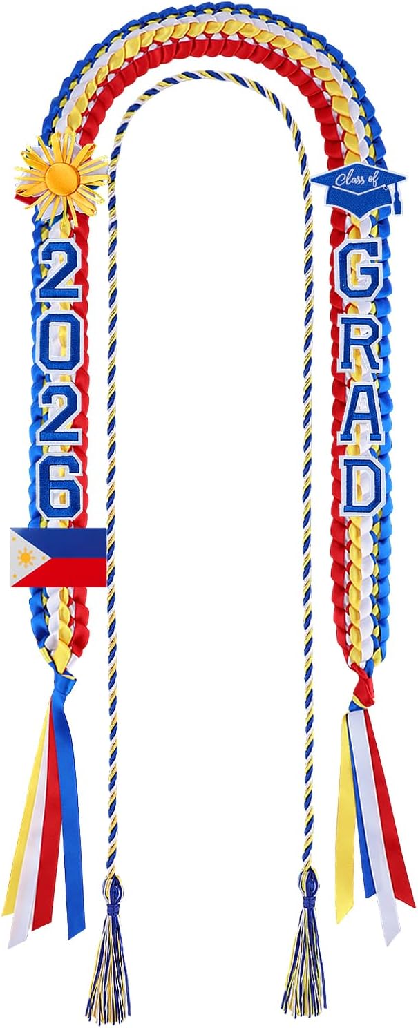 Cosweet 50" Graduation Lei with Honor Cord - Class of 2026 Double Braided Ribbon Lei Necklace with 11 Patches, Mexican / Philippines Graduation Gift for Men Women