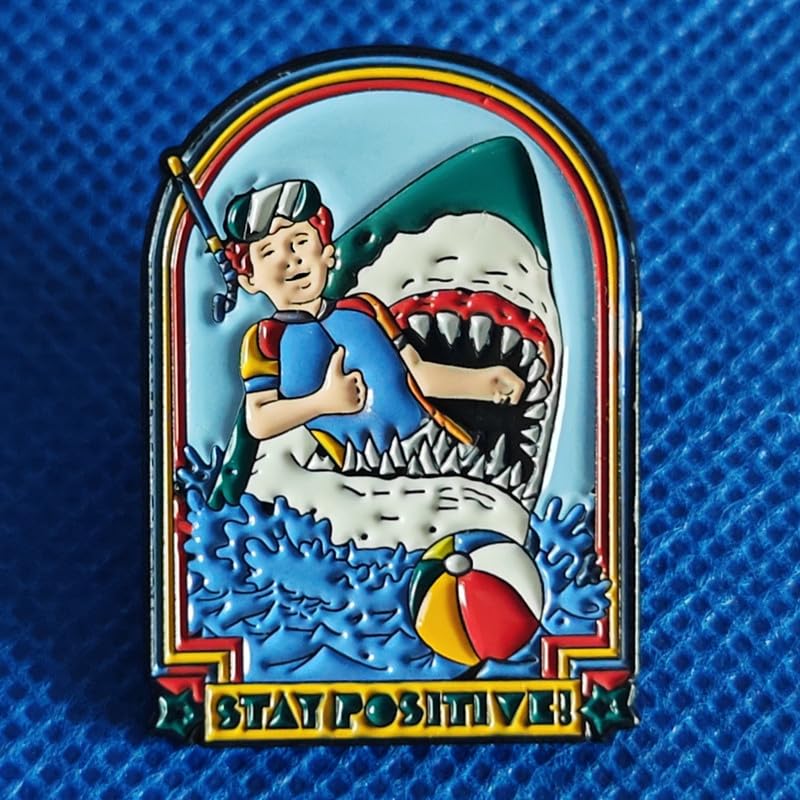 Image of Stay Positive Funny Enamel Lapel Pin Swimming meets sharks badge brooch for backpack and coat