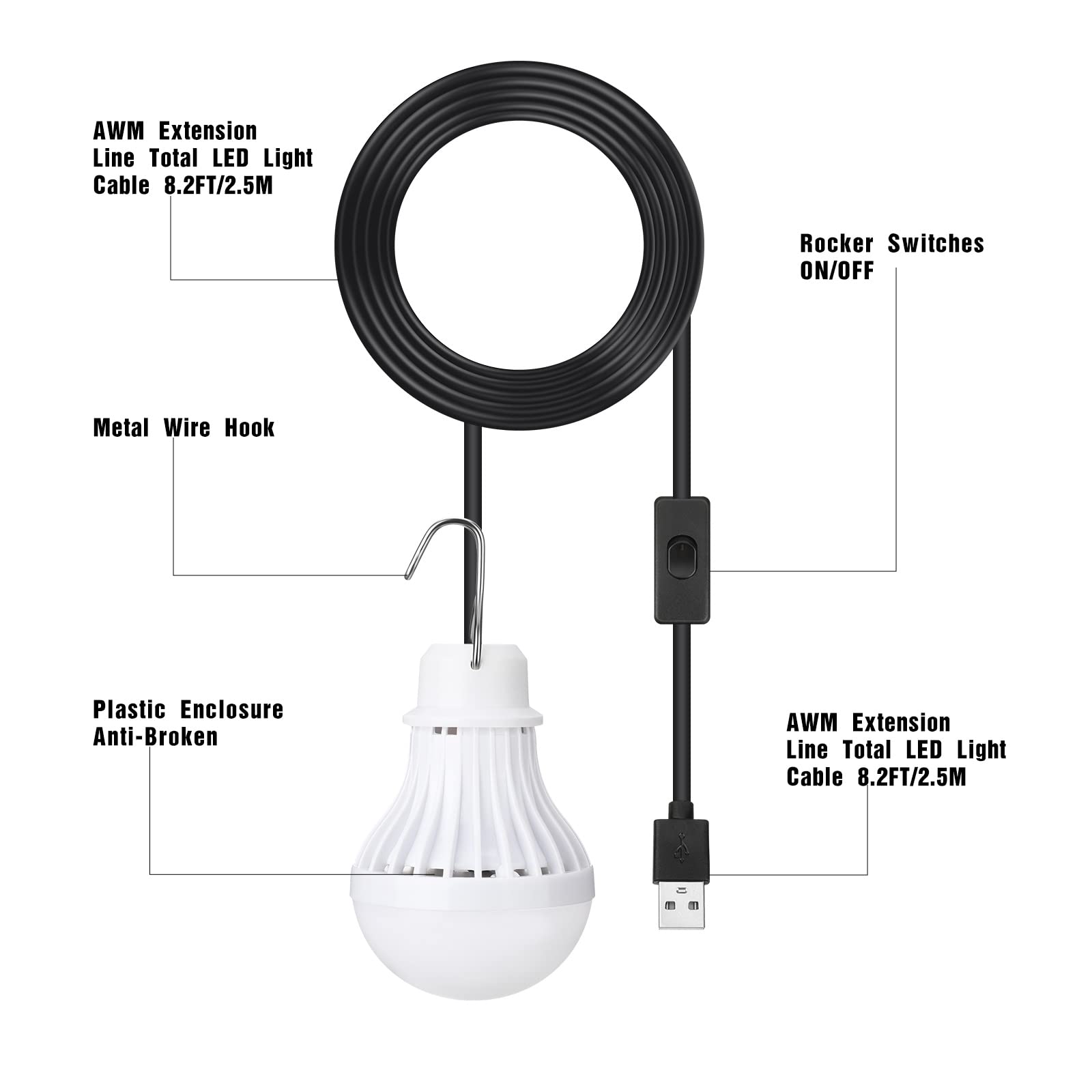 Funtery 6 Pcs USB LED Light Portable Light Bulb with USB Hanging Camping Light Splitter Cable for Camping Tent Garage Warehouse Car Truck Outdoor, 5W, 8.2ft