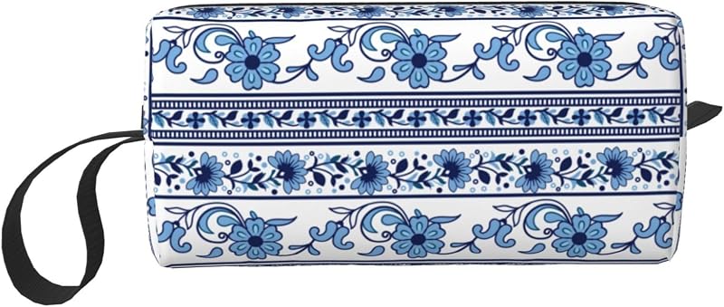 Necessaire de maquiagem OLUSENMO floral azul e branco com zíper, tecido Oxford, 20,07 x 6,1 x 8,89 cm