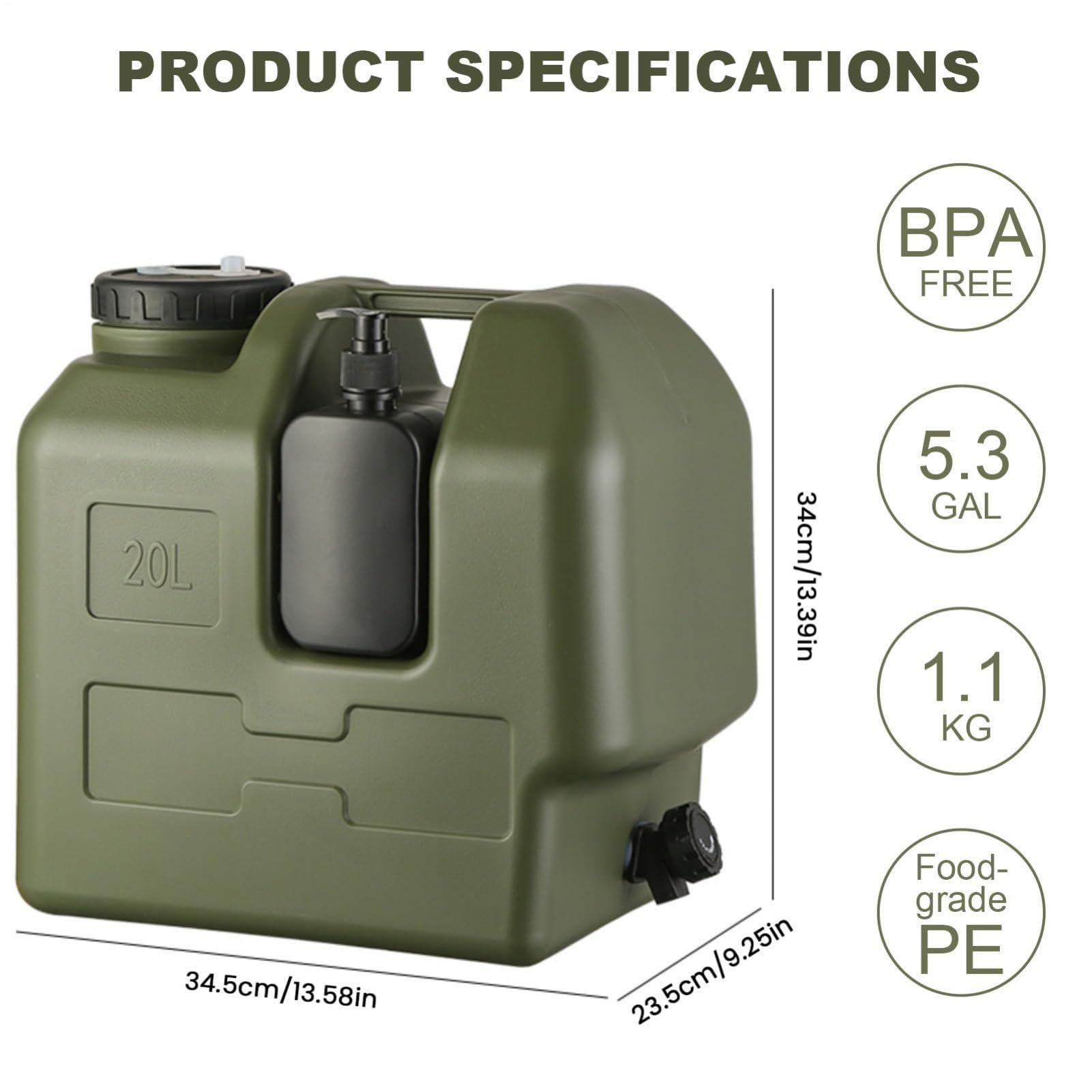 Récipient à eau portable, conteneurs de liquide de camping, 20 l avec robinet à robinet, grande capacité de survie, équipement d'hydratation de voyage avec bouteille de savon, utilisation quotidienne