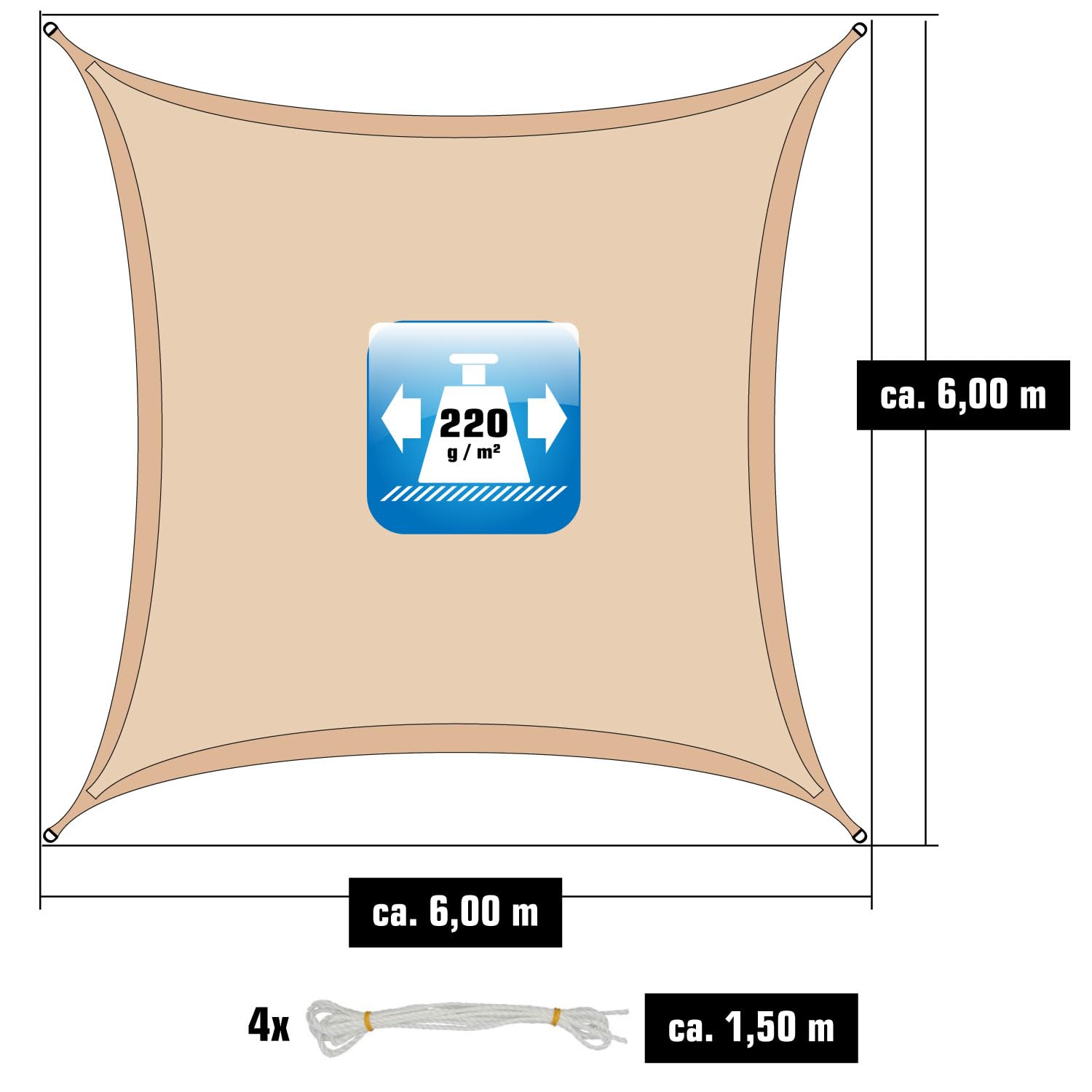 AMANKA Toldo Vela Rectangular 6x6-90% Protección UV - Toldo Permeable para Exterior - Tela Toldo Sombra - Toldo para Pergola - Tela Solar Exterior - Lona Camping Sombra Toldos de Piscinas Toldo 4m
