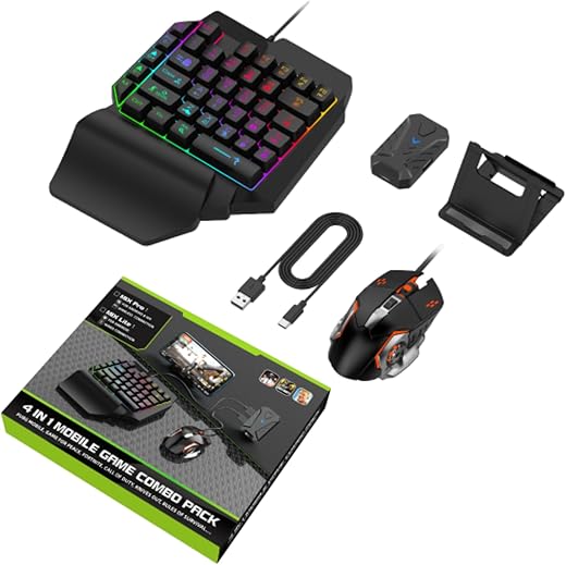 DXP Keyboard & Mouse Combo: 4 in 1 Mobile Game Combo Pack with One Handed Gaming Keyboard, Mouse and Keyboard Combo, Mouse Converter, Mobile…