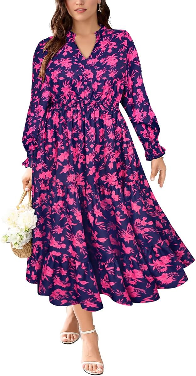 RITERA Plus Size Dresses Women Casual Fall Maxi Boho A Line Long Sleeve Ruffle V Ruffle V Neck Dress with Pocket XL-5XL