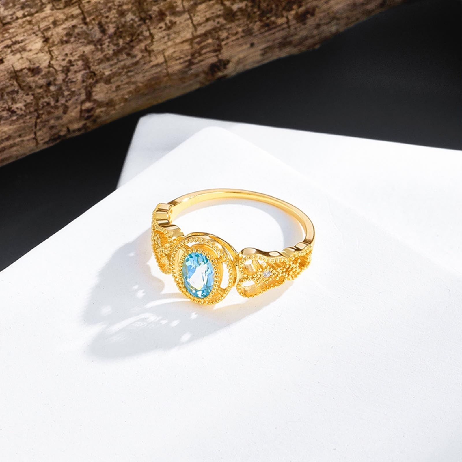 Alianzas Oro Au 375/585/750 Genuino con Topacio Azul Oval Vintage Hueco