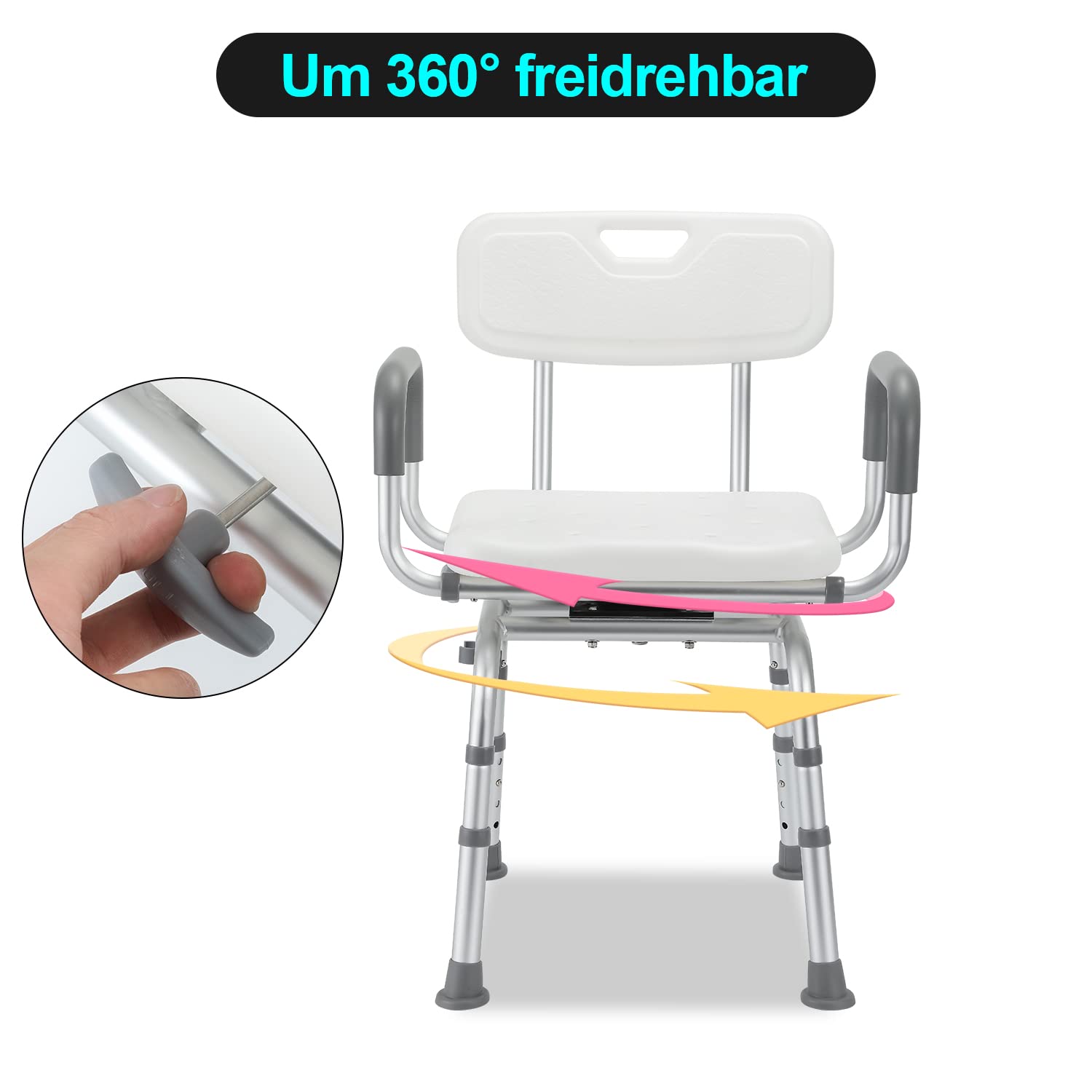 Taburete de ducha giratorio 360°, silla de ducha con respaldo y reposabrazos, 40-48 cm, altura regulable, taburete de baño y pies antideslizantes, silla de ducha estable para personas mayores