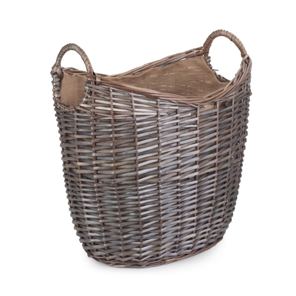 Red Hamper Brown Small Scoop Neck Antique Wash Hessian Lined Wicker Log Basket, H34 X W25 X D30cm
