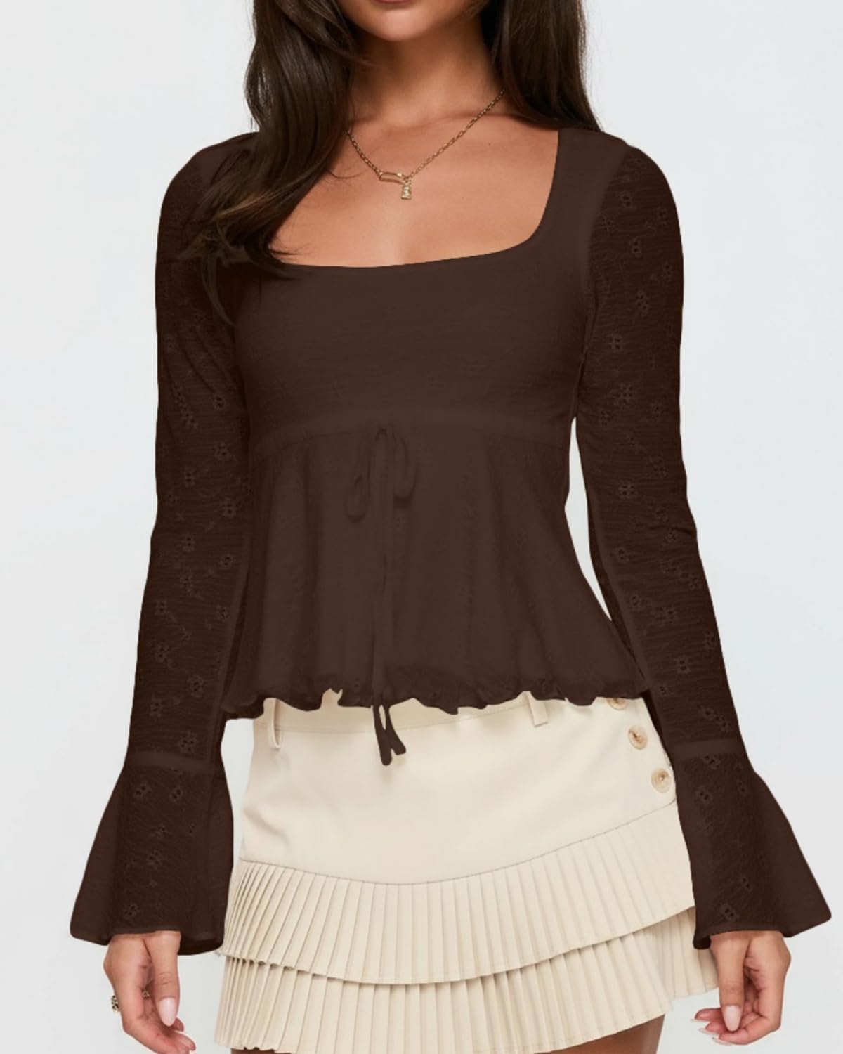 Cioatin Women Y2K Flowy Peplum Babydoll Tops Fall Outfits Long Sleeve Square Neck Sheer Floral Lace Ruffle Crop Tshirt Blouse - Image 4