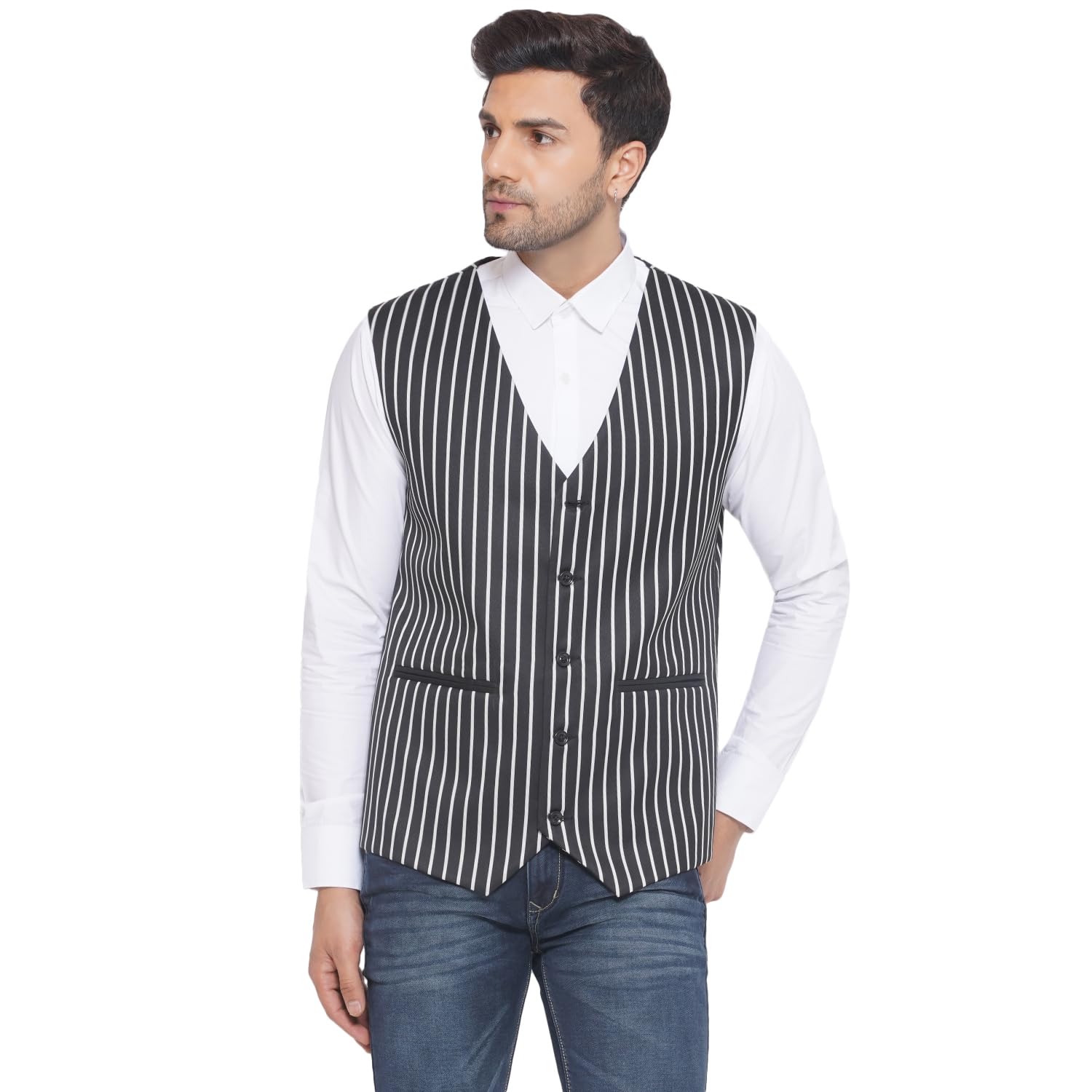 Cotton Poly White Striped Waist Coat for Men (Black)-image-33