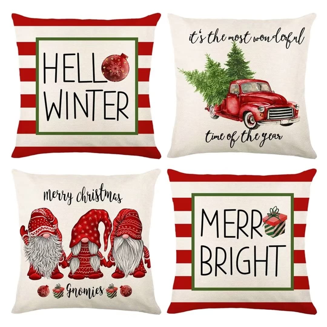 Housse de coussin Noël 40x40 lot de 4 en lin carré pour canapé de salon
