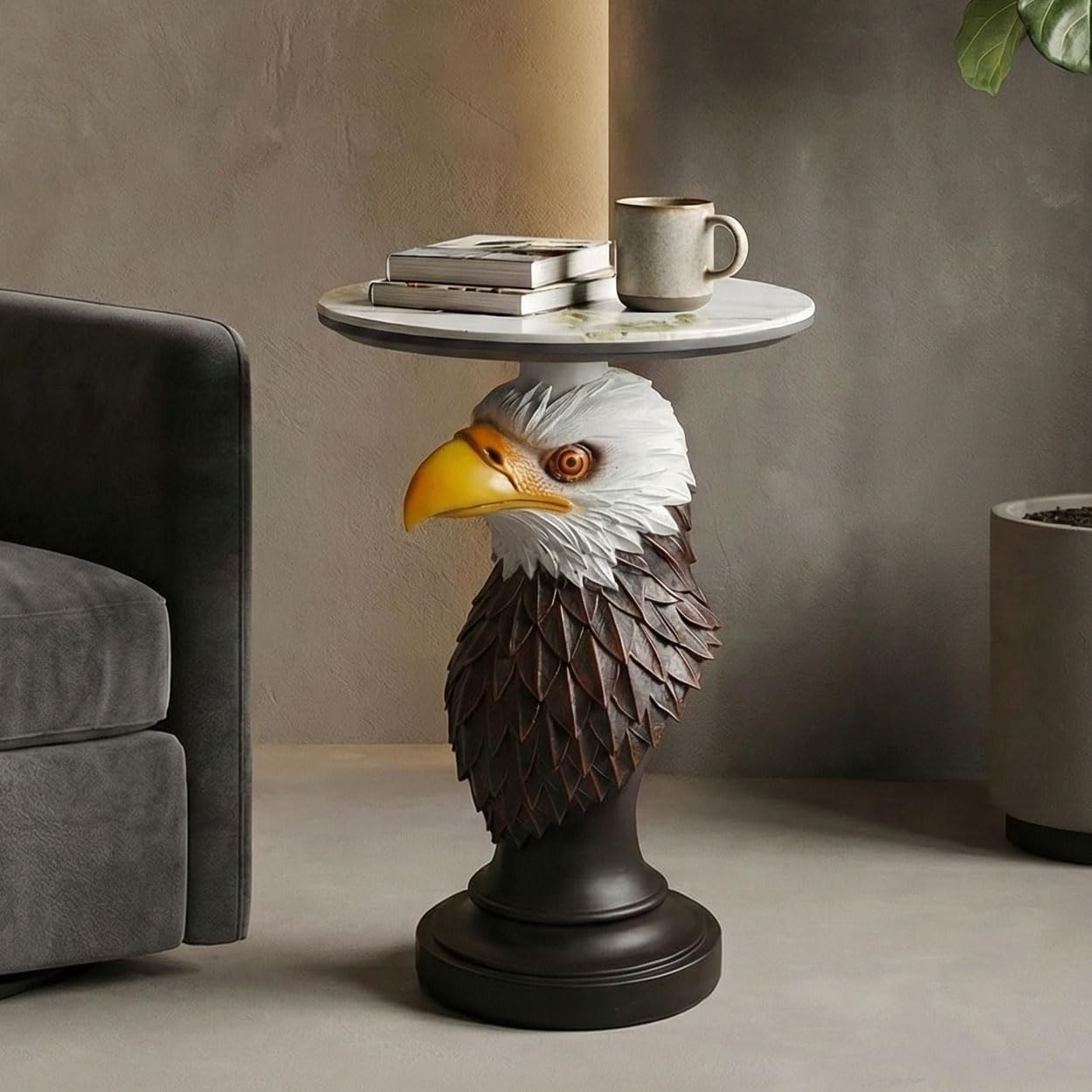 Eagle Head Accent Side Table - End Table with Faux Marble Top Unique Eagle Statue Decor for Living Room Bedroom Entryway Elegant Animal Sculpture Modern Classical Decoration, Realistic
