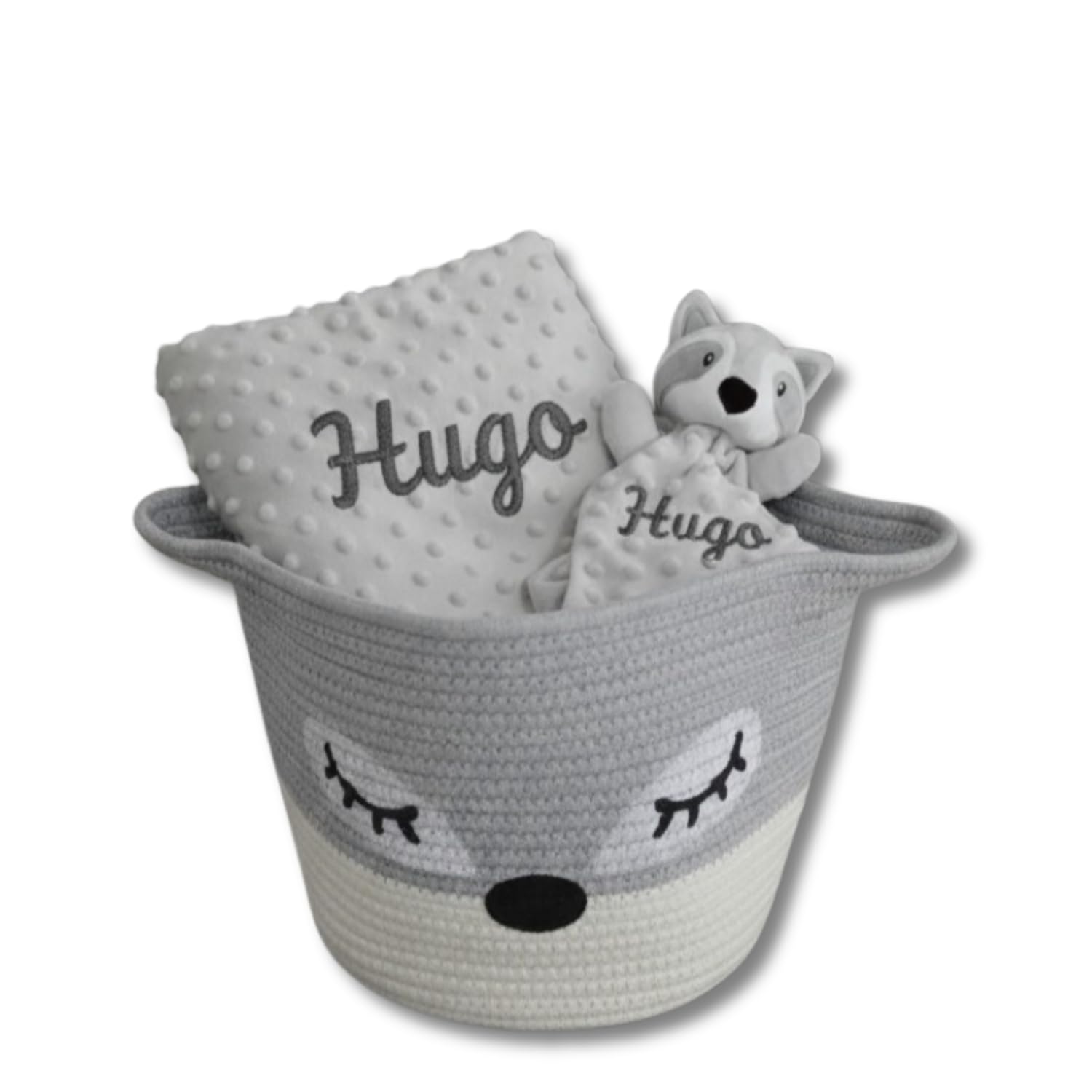 Pack Cesta Mapache con Manta Bebé + Doudou con Nombre Bordado - Regalo Recién Nacido, Regalos Bautizo o Baby Shower, Pack Nacimiento - Regalos TPMAS