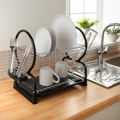 PaMeer® 2-Tier Black Dish Drainer - Deluxe, Compact, Space-Saving Design - Kitchen Organizer, dish drying rack & Utensil Holder basket For Pots Bowls & Plates With Tray