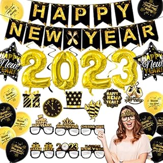 Abitoncc New Year Eve Decorations 2023 Happy New Year Banner Gold Foil Balloons 2023 Black and Gold New Year Hanging Swirls Happy New Year Party Decorations Happy New Year Eve Decorations 2023