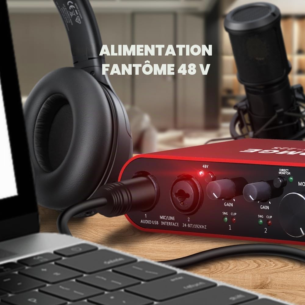 BOMGE Interface audio USB 22S Red avec alimentation fantôme XLR/48 V, haute fidélité, 32 bits/192 kHz, pour mixeur audio de studio, pour guitariste, vocalist, podcaster, producteur, Plug and Play