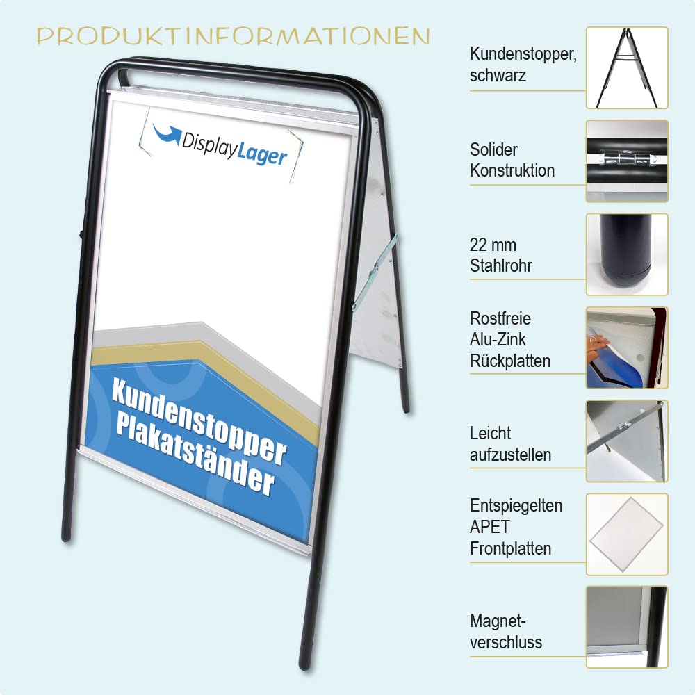 Displaylager - Soporte para póster, negro, acero – Expo Sign 70x100 cm | Caballete doble expositor publicitario | Resistente a la intemperie con paneles frontales APET/acrílico