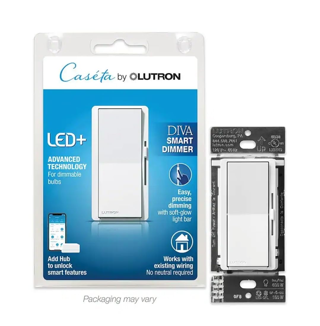 Lutron Diva - Interruptor de atenuación inteligente para iluminación inteligente Caseta, LED de 150 W, blanco (DVRF-6L-WH-R)
