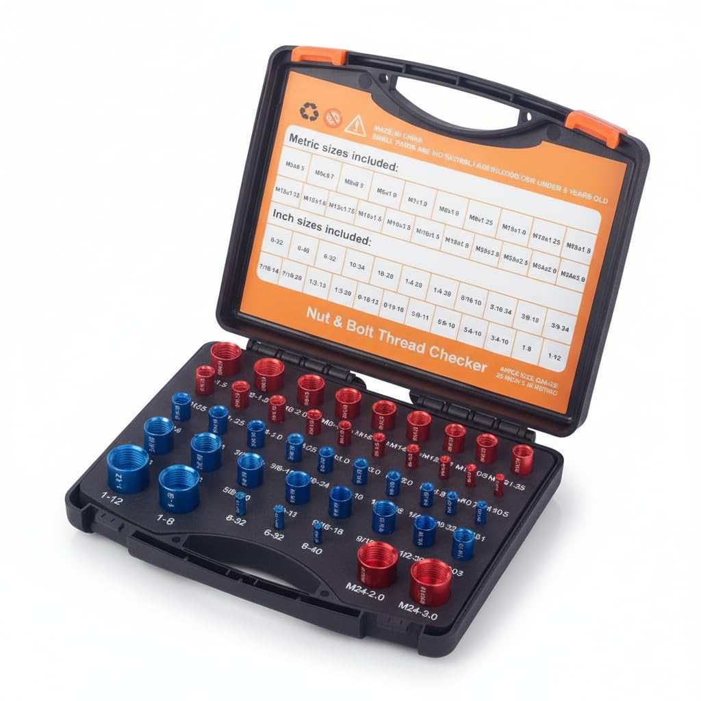 Comprobador de Roscas de Tuercas y Pernos, 44 Piezas de Calibres Identificadores de Tuercas y Pernos de Aluminio para Roscas SAE y Métricas, Alojados Individualmente en Estuche