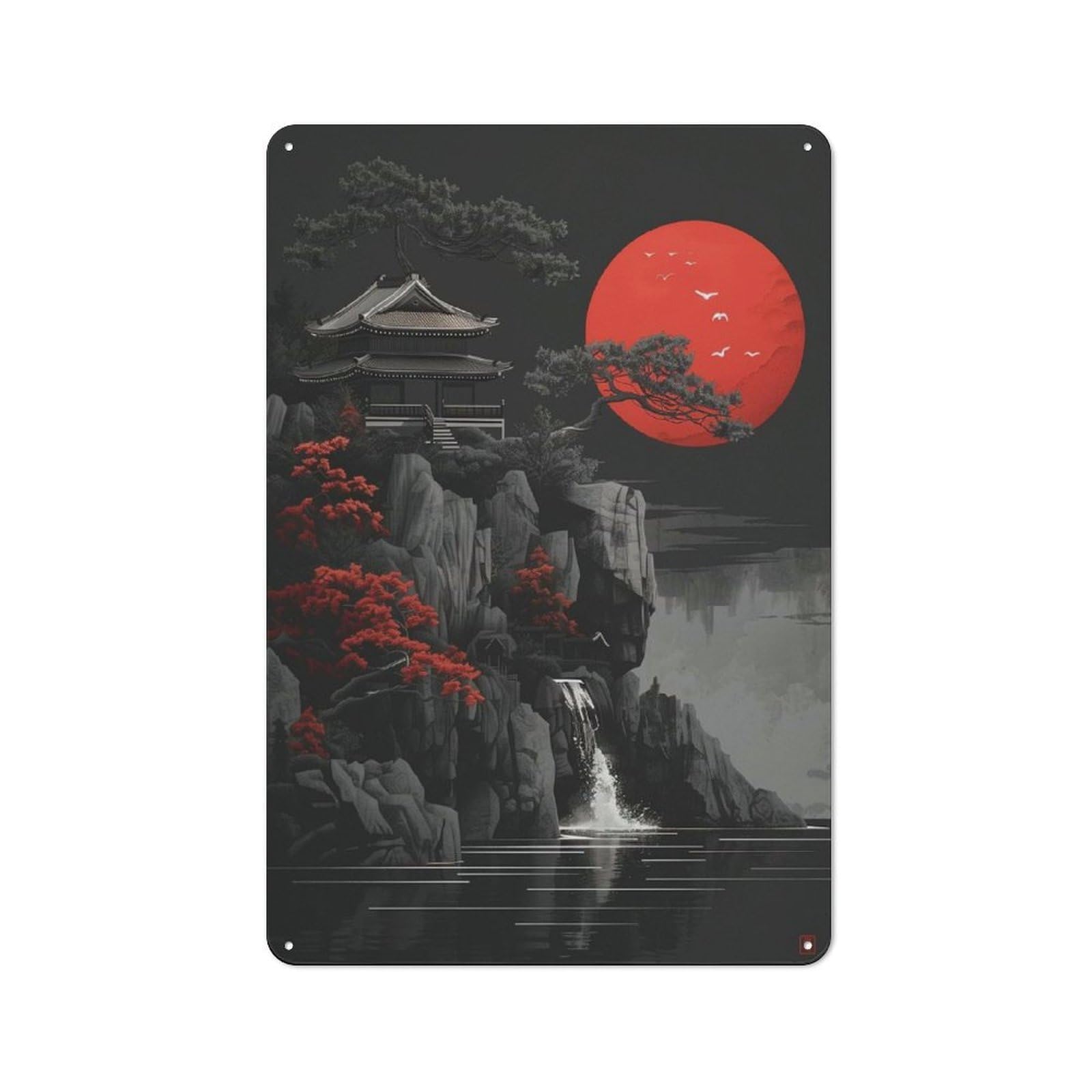 Red Moon Japan Ink Tin Wall Plaque 30x20cm, Rustic Farmhouse Wall Decor for Dining Room, Cafe, Entryway Or Family Room