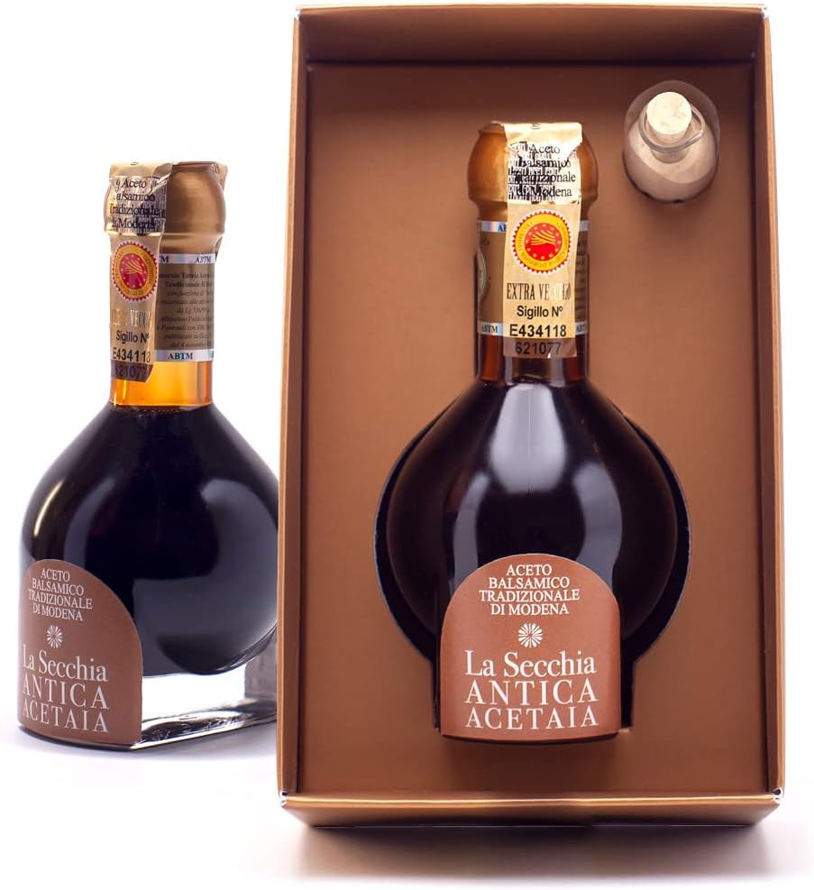 La Secchia Balsamic Vinegar of Modena, Aged a minimum 25 Years,100 ml Bottle of Italian Balsamic Vinegar Aged, With Gift Box and Blown Glass Dispenser, "Extra Vecchio”