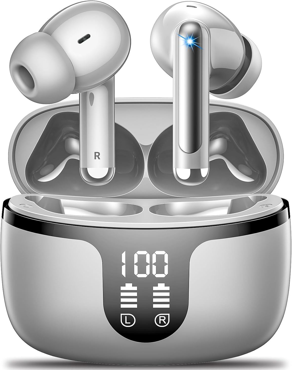 Monyhigh S48 Wireless Earbuds in their charging case, showing the earbuds with an illuminated blue light on one, and the charging case display showing '100' percent charge and battery indicators for left and right earbuds.