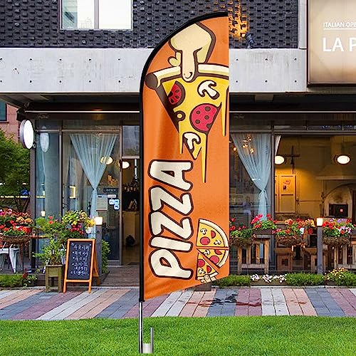 QSUMPizza PlumeDrapeau, 3,1M Publicitaire Pizza Sign Kit Poteau, Piquet de Sol, Exterieur Adapté Publicité Magasin et Plein Air(Style 4)