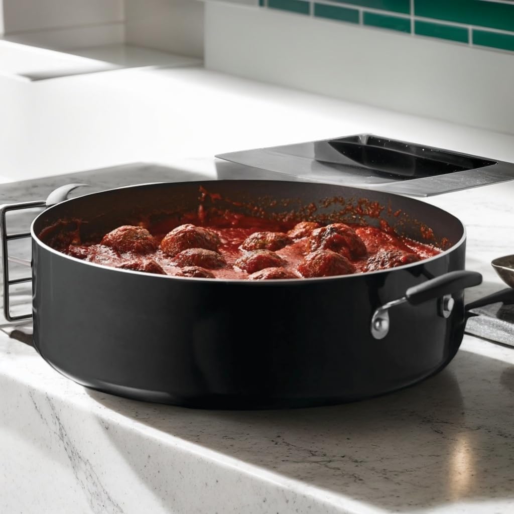 14-Inch Aluminum Nonstick Pan with Shatterproof Glass Lid, Extra Large Cookware with Nonstick Coating and Double Rivet Handle Pan (Black)