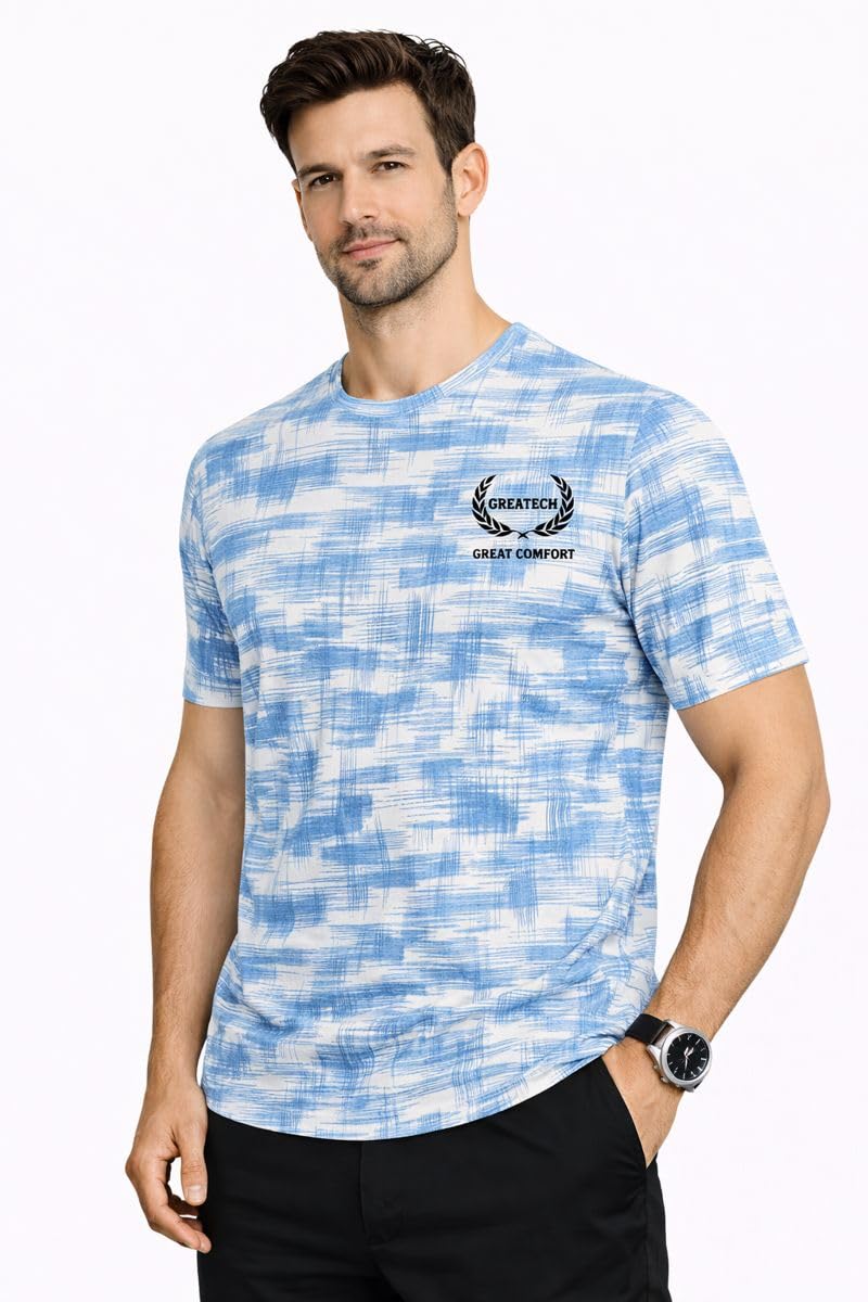 Men’s Printed Spandex T-Shirt | Stretchable Regular Fit Crew Neck Casual Tee (in, Alpha, L, Ice Blue Abstract)-image-44