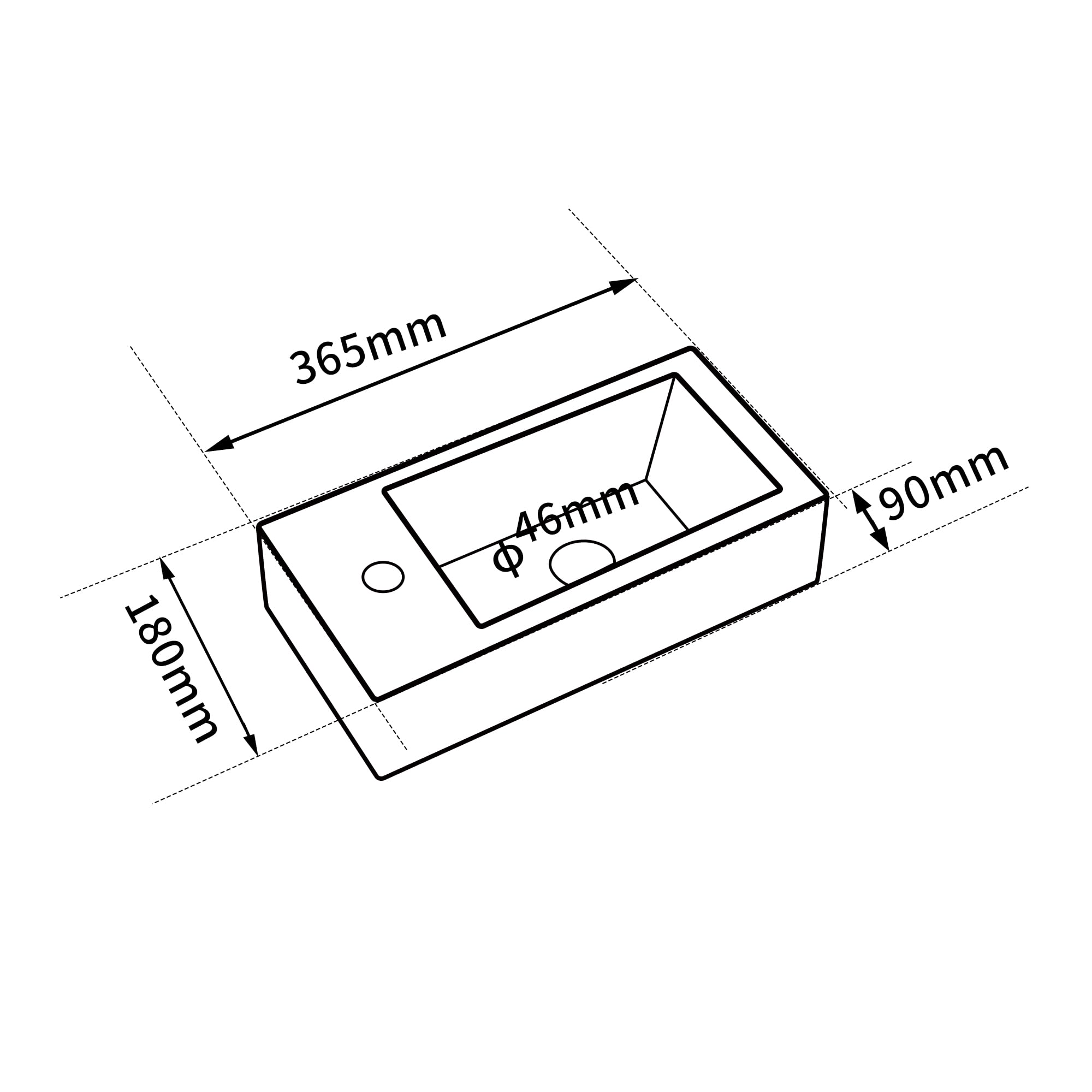 Lavabo compatto nero opaco con uscita sinistra 36,5 x 18 x 9 cm – Lavabo rettangolare in ceramica – ideale per WC, piccoli bagni d'acqua e spazi ristretti