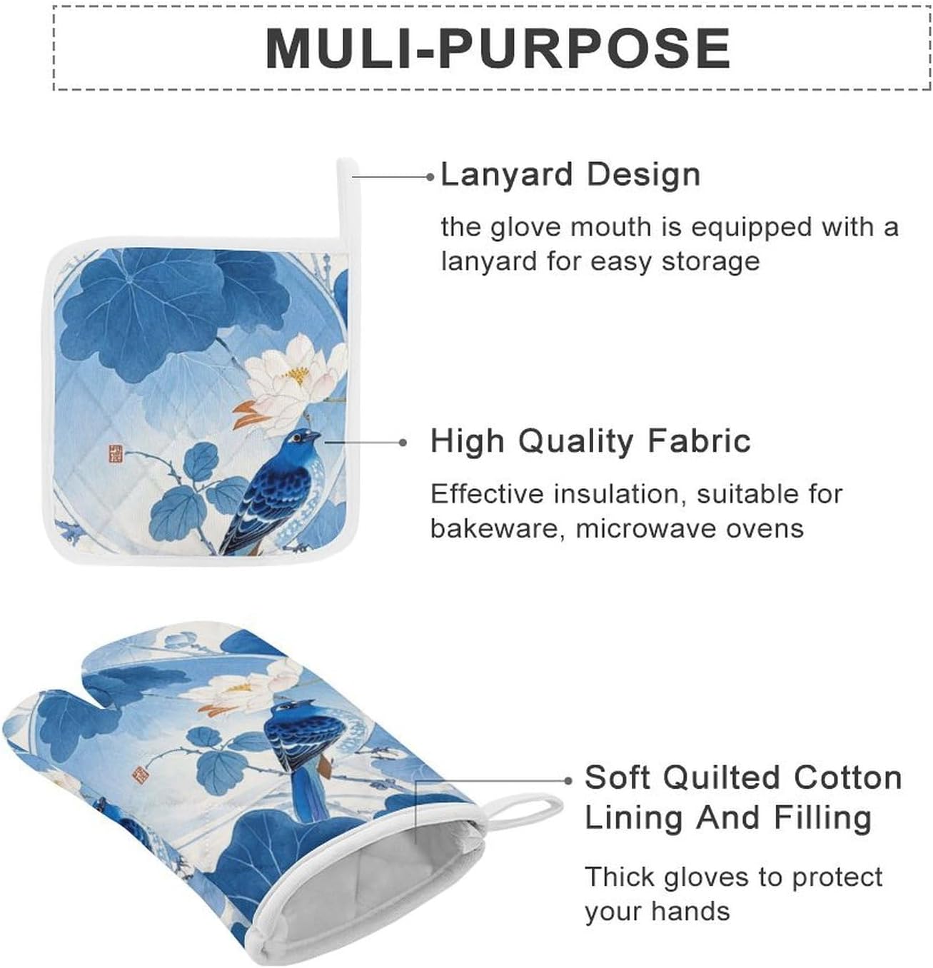 Blue and White Chinese Style Flower and Bird Oven Mitts and Pot Holders 4pcs Thicken Long Kitchen Glove Heat Resistant Potholder Extended Pan Racks Non-Slip Surface for Baking and Cooking