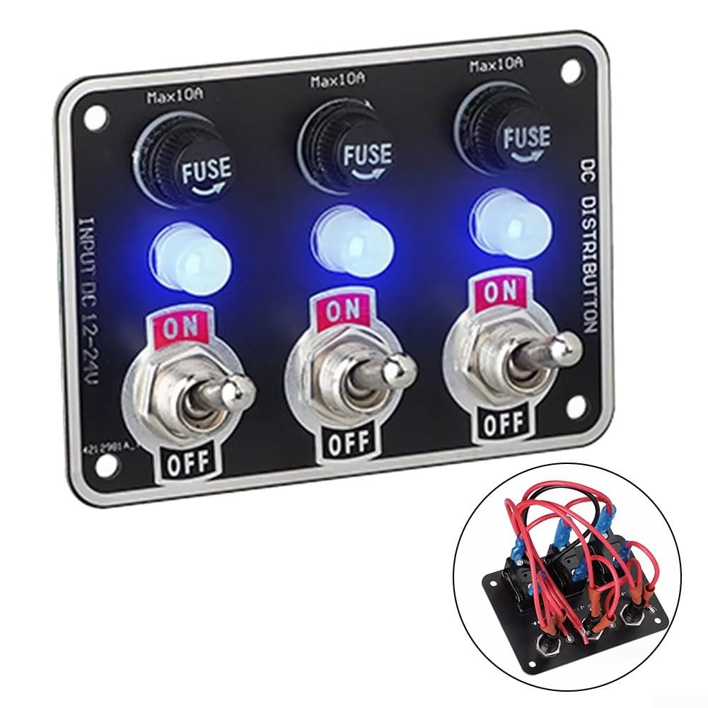 Pannello interruttore a bilanciere in metallo a 3 bande con scatola fusibili interruttore a LED per auto e barca, impermeabile IP66, 12-24 V CC, accessorio di controllo facile da usare