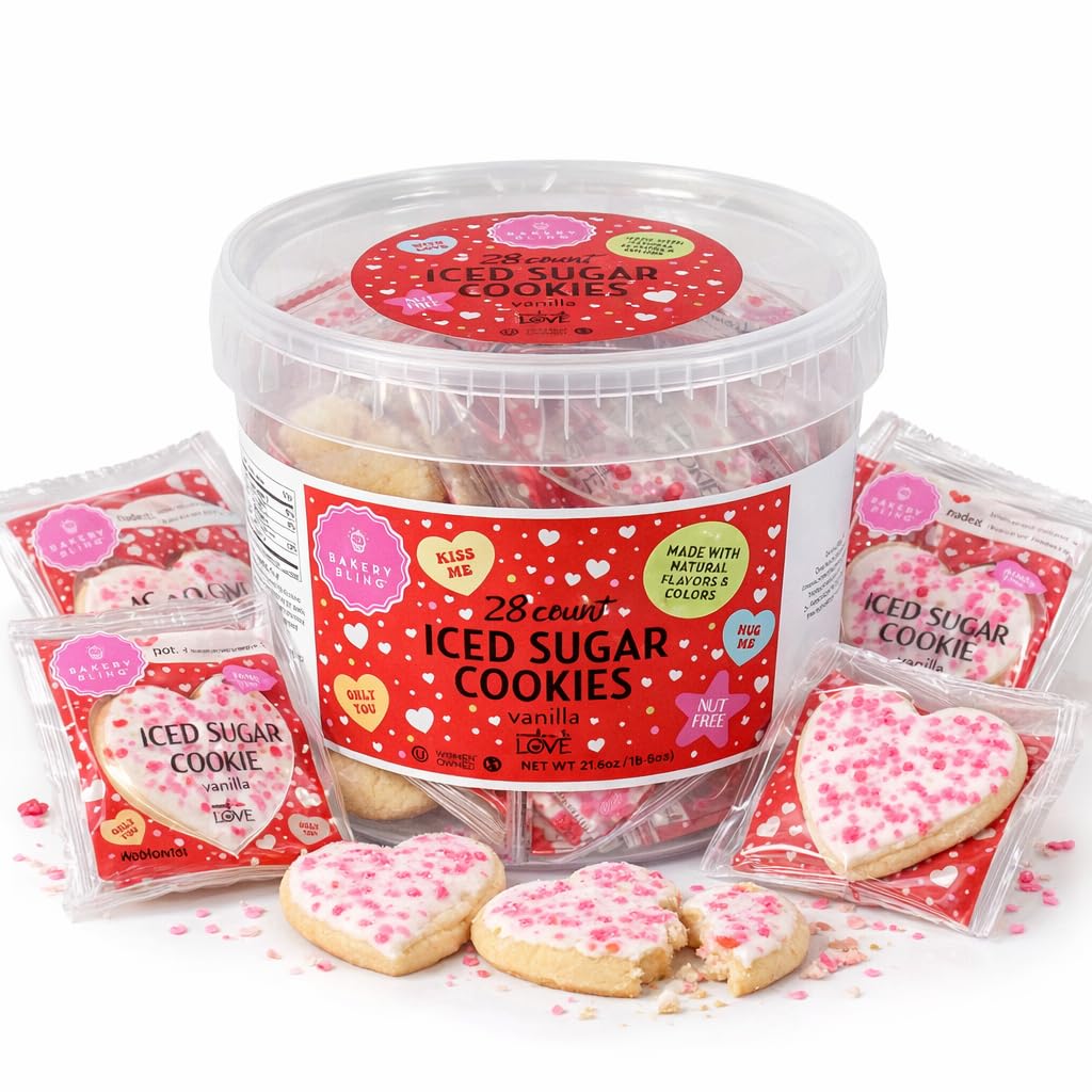Bakery Bling Valentine’s Day Sugar Cookies, 28 Count Individually Wrapped Heart Cookies with To/From Labels, Nut-Free, Classroom-Friendly for School Parties